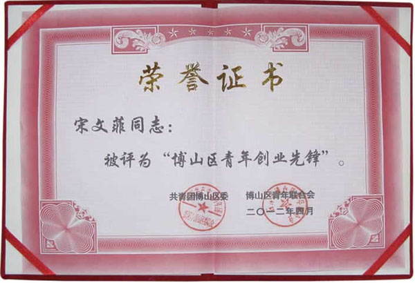 榮譽證書 博山區(qū)青年創(chuàng)業(yè)先鋒 宋文菲